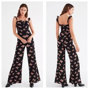 Flynn Skye Bardot Black Floral Button-Down Jumpsuit Size Small Wide Leg Boho